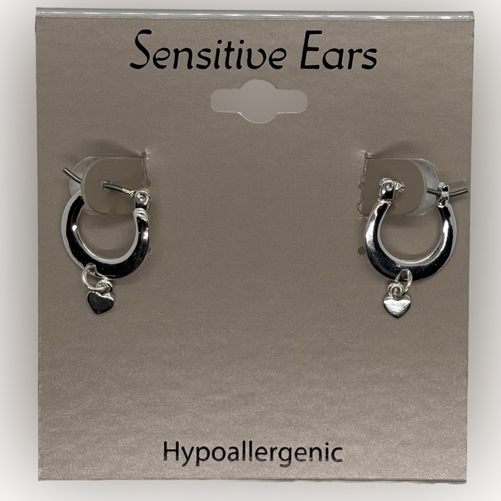 New Sensitive Ears Silver Hoop & Heart Earrings